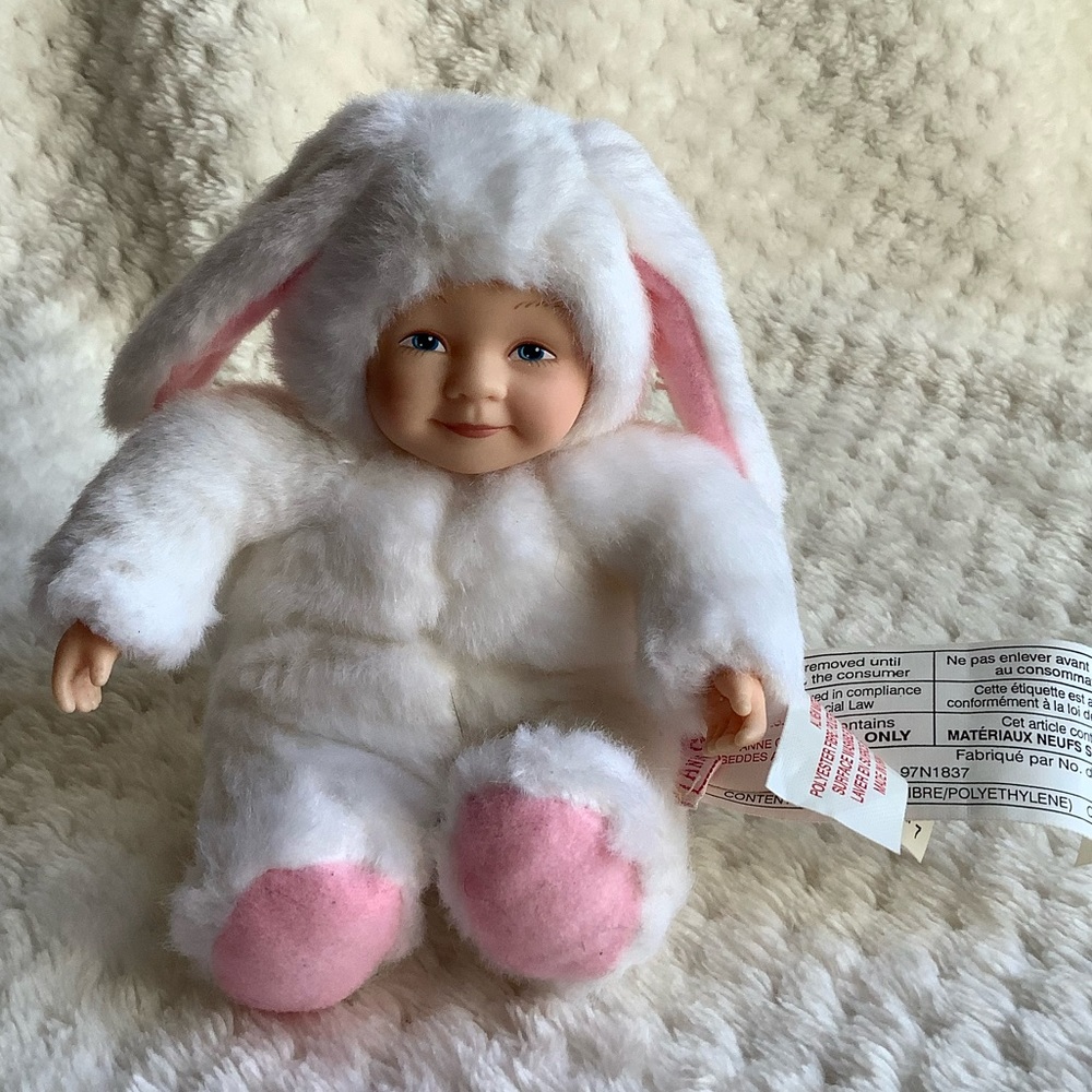 ANNE GEDDES Baby in Bunny Suit Plush Stuffed Doll Pink White Adorable Toy